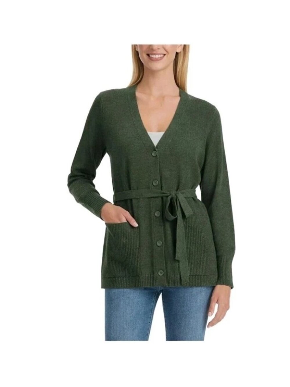 Splendid Womens Ribbed Open Front Cardigan Belt Size S Dark Green Lightweight